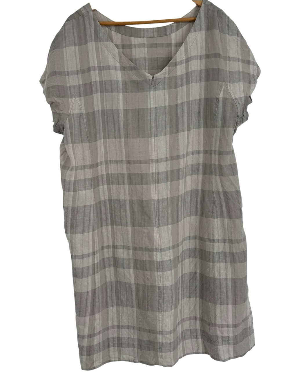 Eileen Fisher Shift Dress Size 3X Organic Linen Cotton Plaid V-Back Pockets Gray - Picture 3 of 10